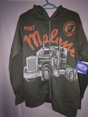 New W/tags Post Malone Unisex Men's Olive Green Zip Hoodie with Truck Graphic